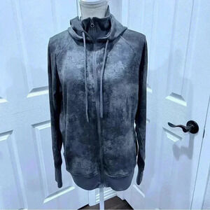 Danskin zip front hooded tie dye grays jacket, extra warm neck layer, thumbholes